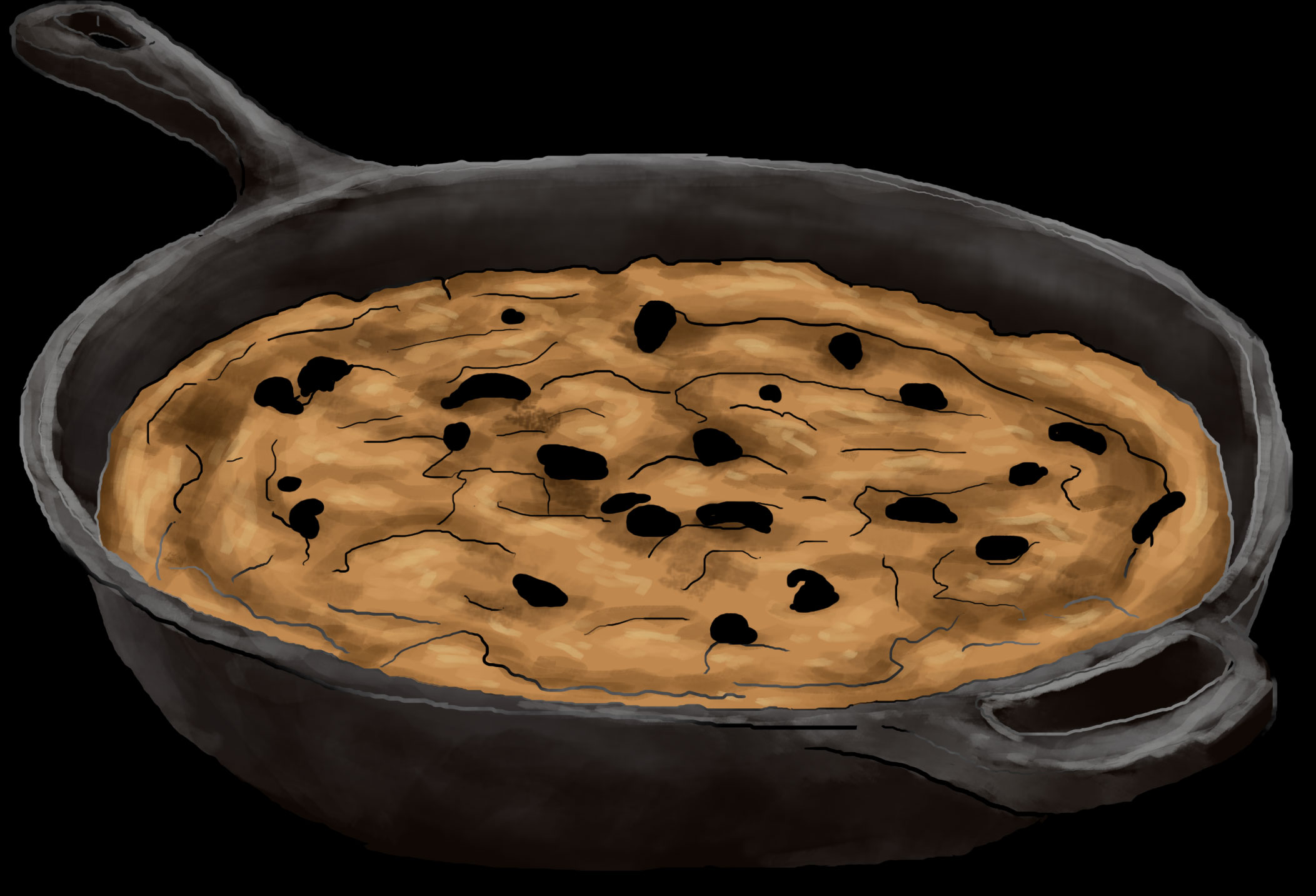 cast-iorn pan cookie recipe drawing, yum yum